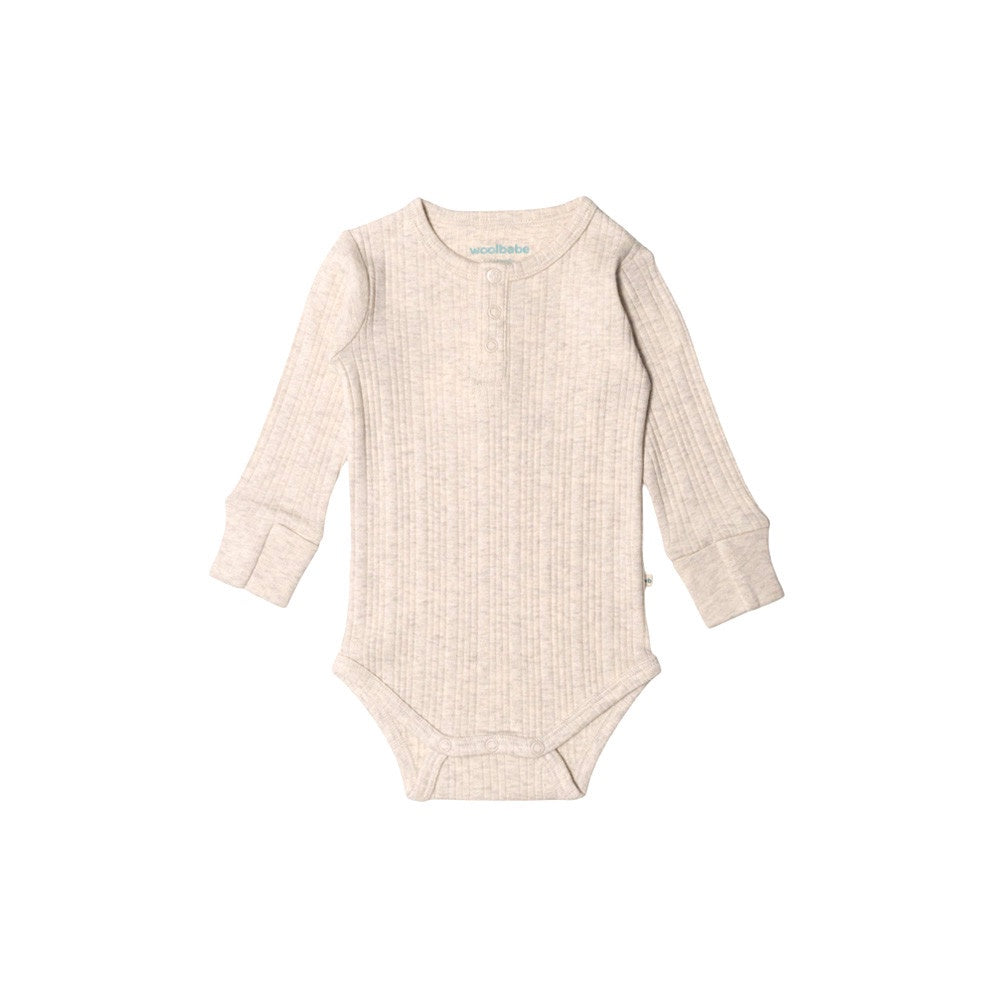 Woolbabe LS Henley Bodysuit-Natural Marl