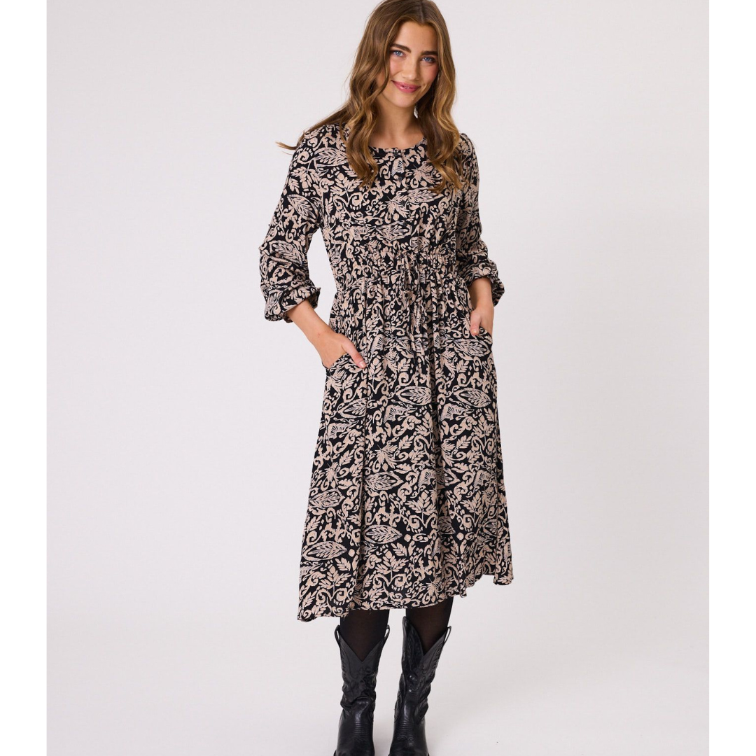 Reese Drawcord Dress-Black/Stone