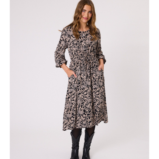 Reese Drawcord Dress-Black/Stone
