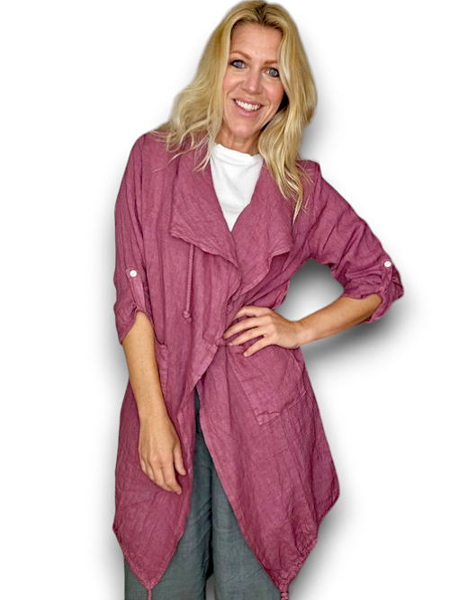 Long Drawstring Linen Jacket Dark Berry