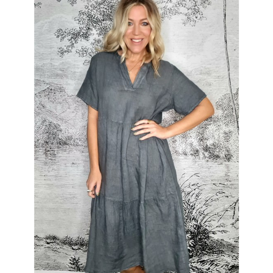 Over Lap V Neck Linen Dress Grey