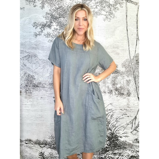 T Shape Linen Dress Mid Maxi Grey