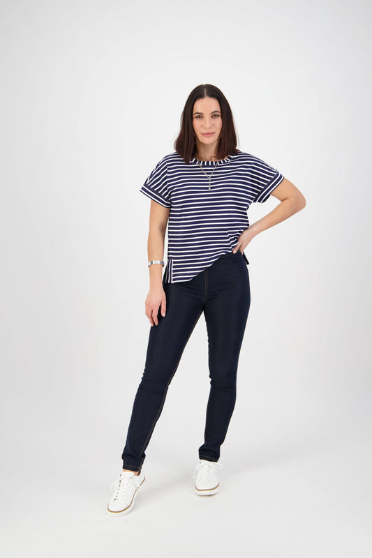 Skinny Leg Full Length Contrast Stitch Pull On Indigo