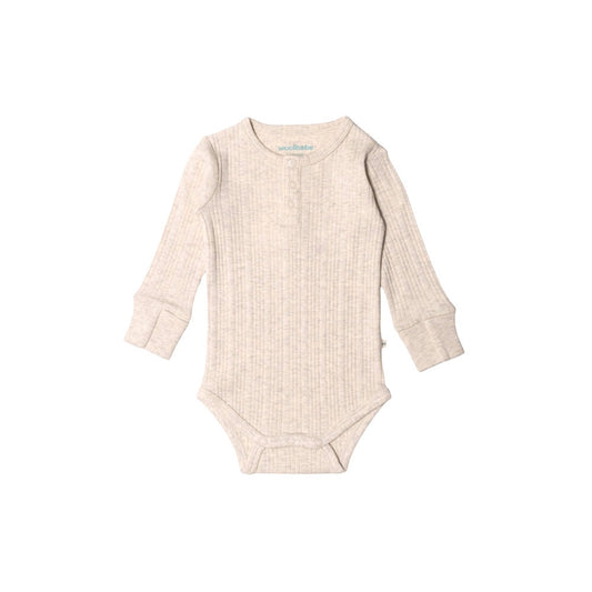 Woolbabe LS Henley Bodysuit-Natural Marl