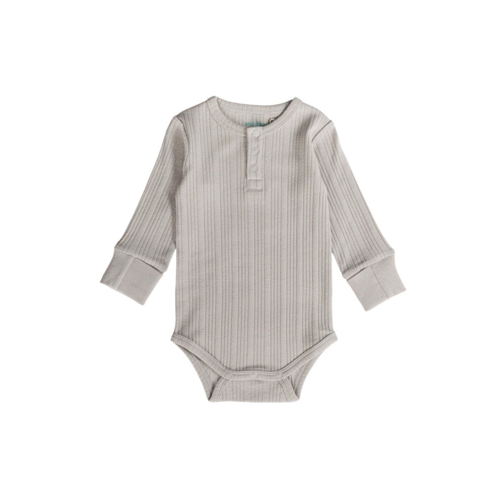 Woolbabe LS Henley Bodysuit-Pebble Marl