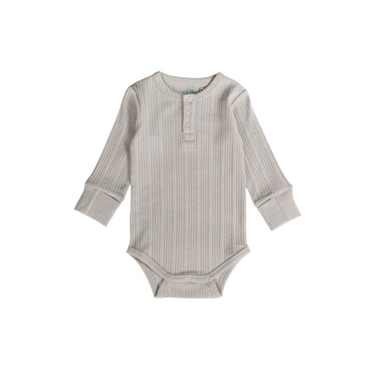 Woolbabe LS Henley Bodysuit-Pebble Marl