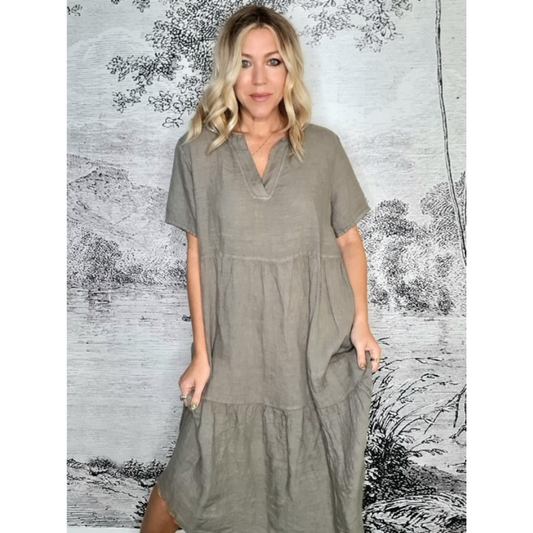 Over Lap V Neck Linen Dress Mocha