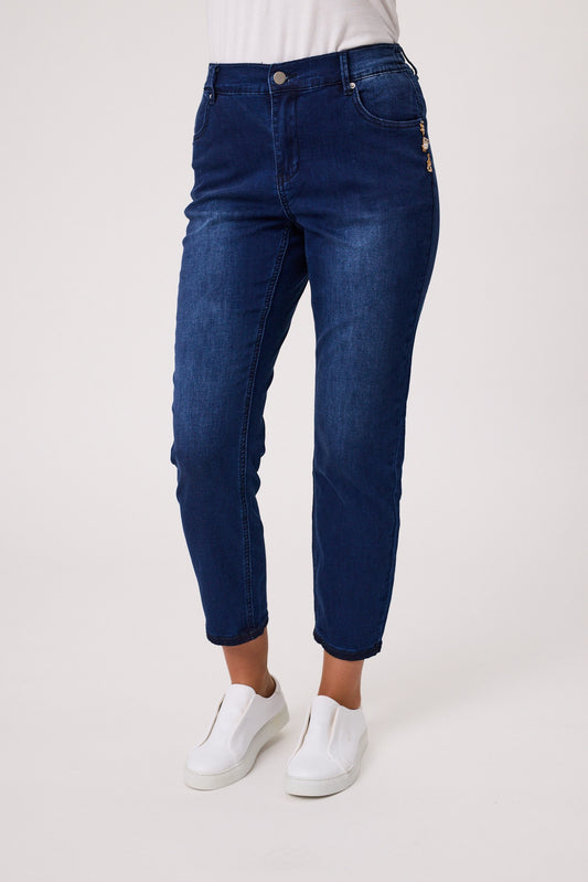Knit Denim 7/8 Jean with Brooch Detail