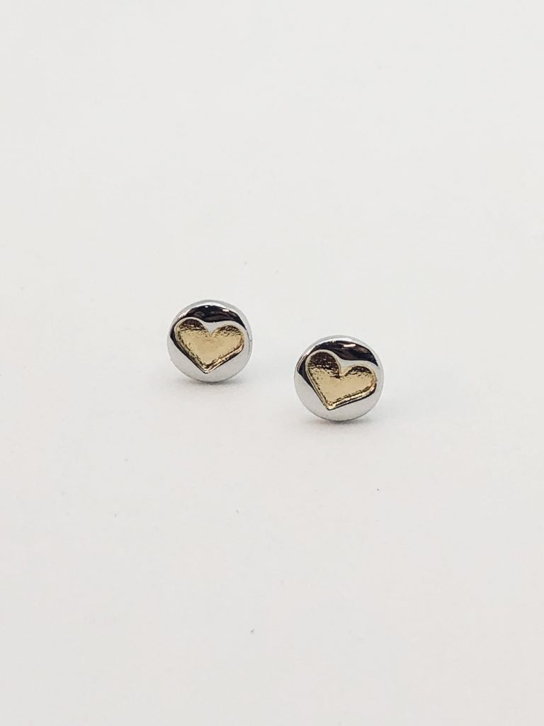 Sterling Silver Earrings - Round Stud with Gold Heart