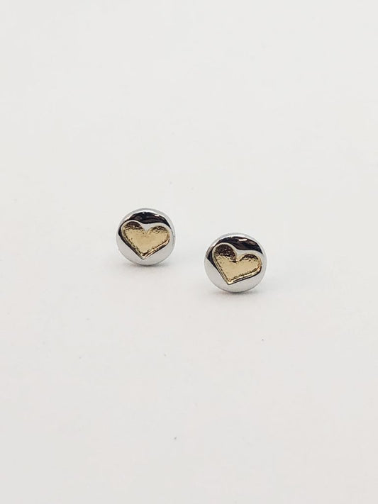 Sterling Silver Earrings - Round Stud with Gold Heart