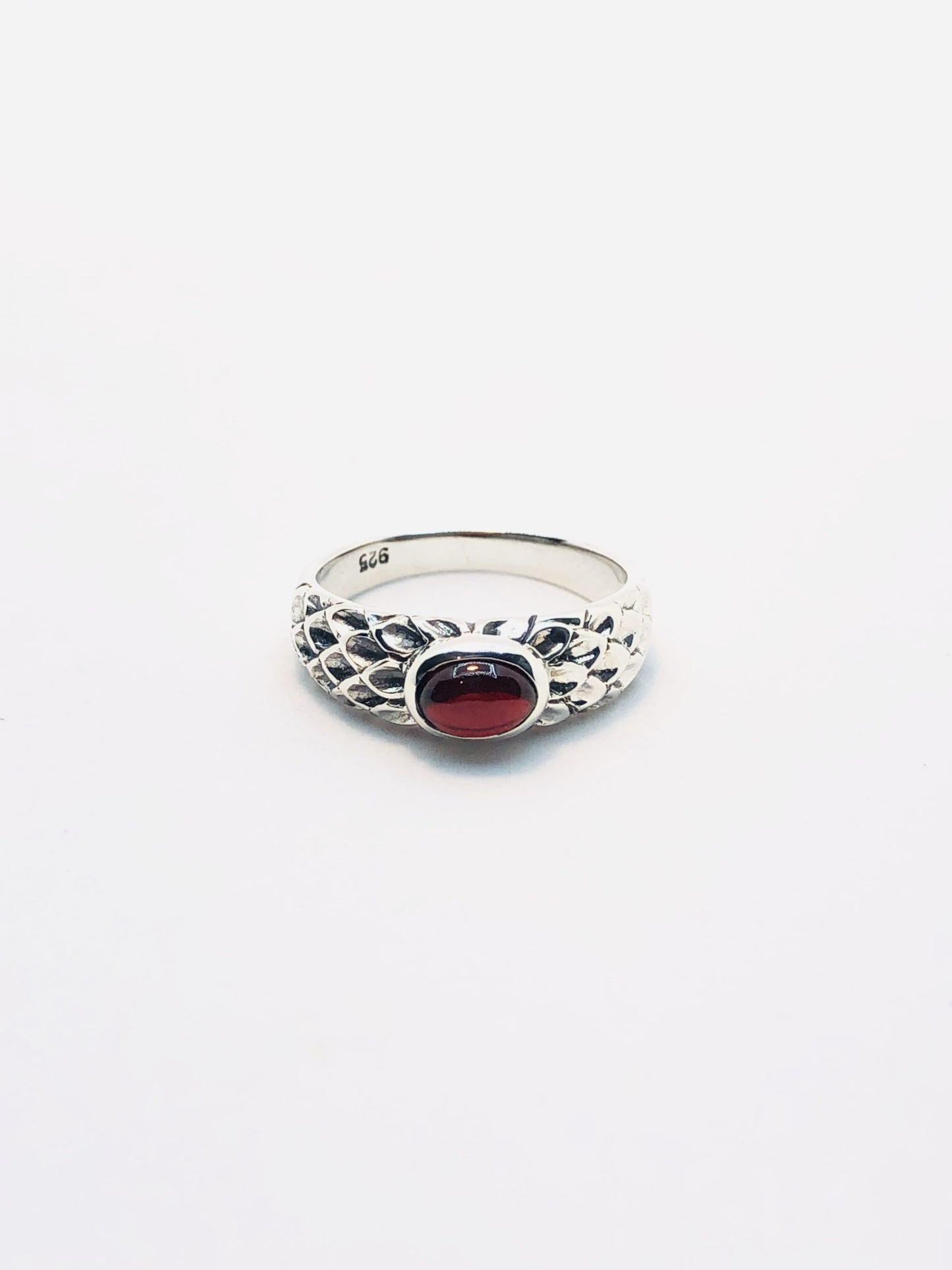 Sterling Silver Garnet Dome on Feathered Band