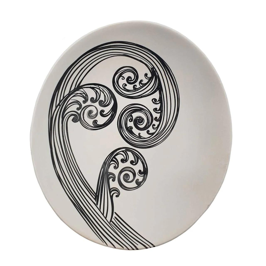 Jo Luping Black Ponga on White Oval Porcelain Dish