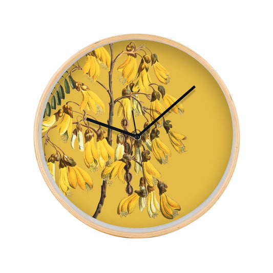 NZ  Wooden Frame Clock - Vintage Botannical Kowhai