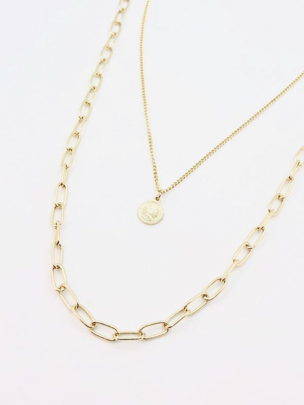 Fashion Necklace Double Gold Chain & Disc